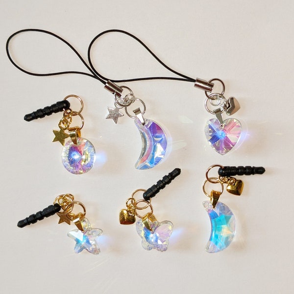 Encanto del teléfono celular Enchufe antipolvo Conector de audio de 3,5 mm o correa Cristal AB Plata u oro con dijes Luna Estrella de mar Corazón Mariposa Círculo Personalizar