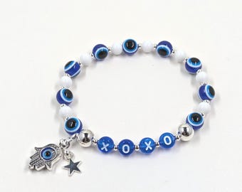 Personalized Evil Eye Bracelet: Hamsa Hand, Star Charm, Acrylic Beads