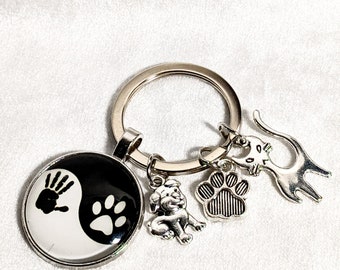 Pet Keyring Dog Cat Paw Yin Yang White Black Hand Paw Harmony Balance Silver Gift Key Chain House Keys Car Keys Truck Keys Love Remembrance