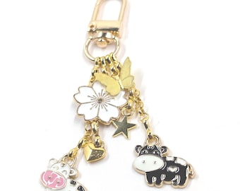 Cow Purse Charm: Gold Chain Zipper Pull with Heart, Star & Flower Valentines Day Gift