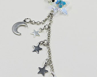 AB Crystal Star Cell Phone Charm: Silver Moon & Stars, Dust Plug or Strap