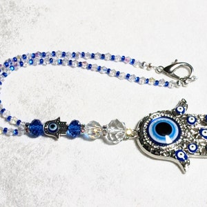 Hamsa Hand Evil Eye Car Charm: AB Crystals Suncatcher