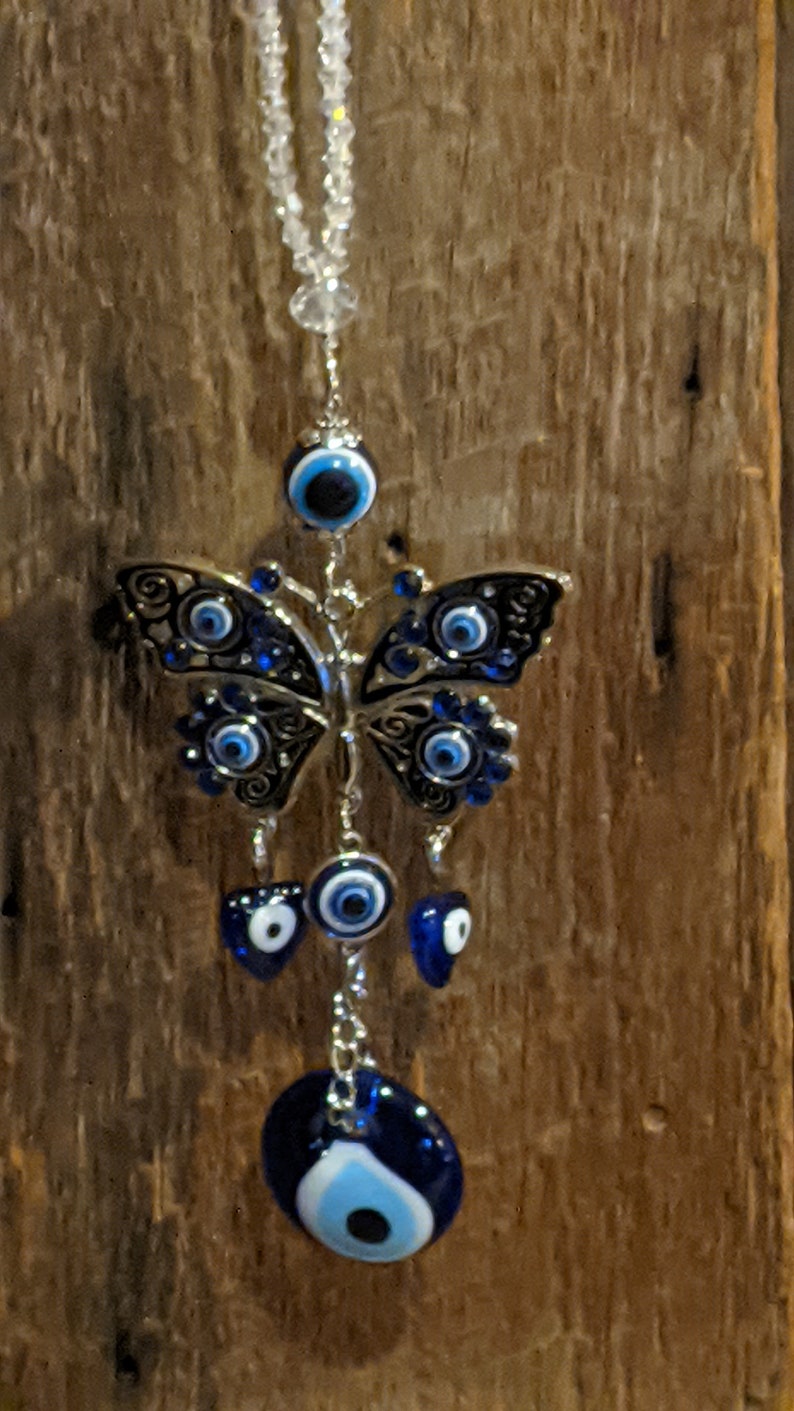 Butterfly Hearts Evil Eye SALE Rear View Mirror Charm Nazar AB Crystals Sun Catcher Suncatcher Car Charm Rearview Protection Bestseller Gift image 9