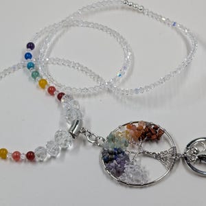 Tree of Life Chakra Lanyard: Natural Stone Beads, AB Crystals, Bling Badge Clip