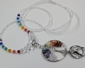Tree of Life Chakra Lanyard: Natural Stone Beads, AB Crystals, Bling Badge Clip