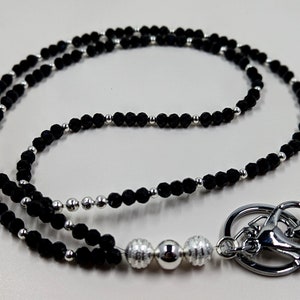 Black Austrian Crystal Lanyard: Silver Accent Badge Holder, 36&quot;