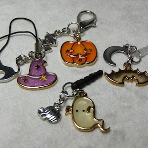 Halloween Enamel Cell Phone Charm: Witch, Ghost, Bat, Pumpkin
