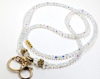 Bling Lanyard: AB Crystal Rhinestone Disco Balls, Gold Badge Holder
