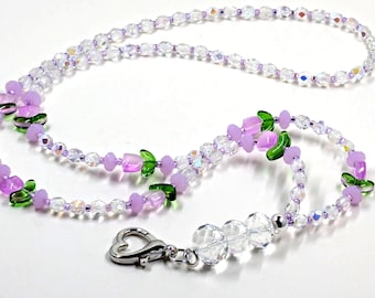 Crystal Beaded Lanyard, Purple Flower Accent, Heart Clasp Summer, Spring Gift