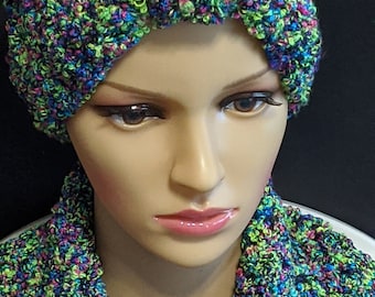 Conjunto de cachecol e protetor de orelhas de crochê feito à mão: tricô super volumoso para o inverno