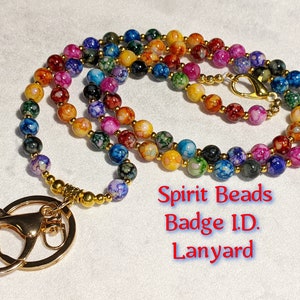 Spirit Beads Lanyard Badge I.D. 36 Inch 6mm Rainbow Gold Accents Fashion Designer Accessory Jewelry Women Nurse Student Teacher Gift image 1