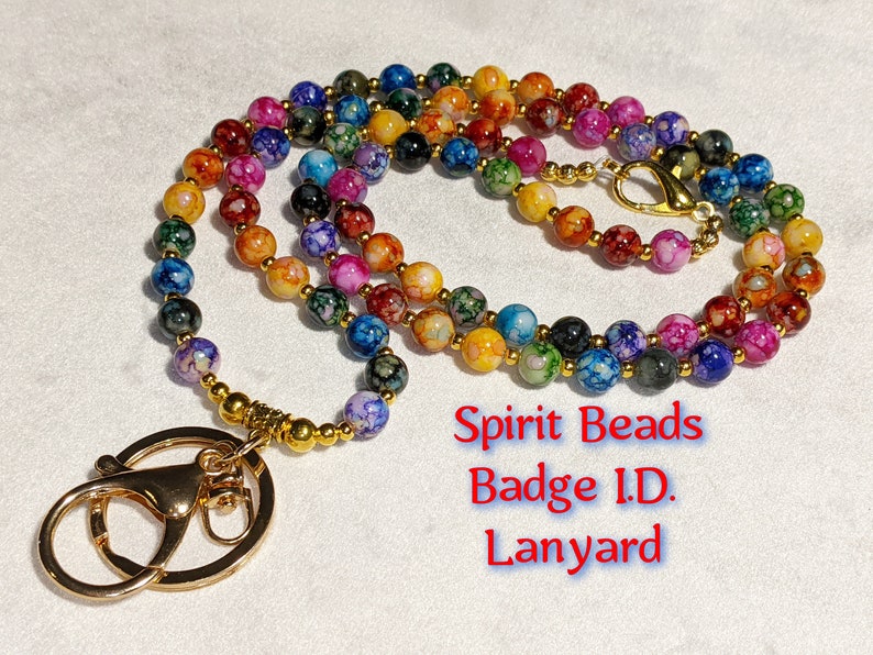 Spirit Beads Lanyard Badge I.D. 36 Inch 6mm Rainbow Gold Accents Fashion Designer Accessory Jewelry Women Nurse Student Teacher Gift image 1