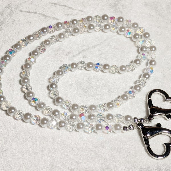 Face Mask Chain Lanyard A B Crystals & Pearls 26" Length Large Beautiful Heart Clasps Shiny Elegant Bling Women's Gift Jewelry Designer