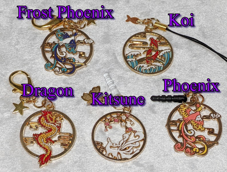 Cell Phone Charm Dust Plug Keychain Zipper Pull 3.5mm Audio Jack, Clip on or Strap Dragon Phoenix Kitsune Koi Asian Customize your choice image 3