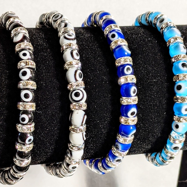 Evil Eye Bracelet 7 1/2 inches Crystal Rhinestone Spacer Beads Bling 4 Colors U Pick Nazar Amulet Talisman Protection Gift Teen
