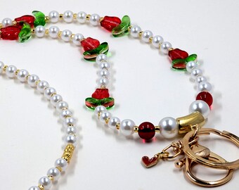 Pearl Lanyard with Red Flower Beads and Heart Charm Spring Summer Gift