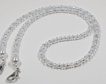 Crystal Pearl Eyeglass Chain: Silver Face Mask Lanyard, 26"