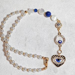 Heart Evil Eye Rear View Mirror Car Charm Pearls Gold Preciosa Beads Talisman Amulet Protection Suncatcher Turkish Spiritual Fatima Nazar A+