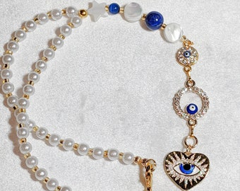 Heart Evil Eye Rear View Mirror Car Charm Pearls Gold Preciosa Beads Talisman Amulet Protection Suncatcher Turkish Spiritual Fatima Nazar