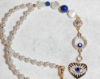 Evil Eye Car Charm: Lapis Lazuli, Pearl Heart, Nazar Amulet Mother's Day gift