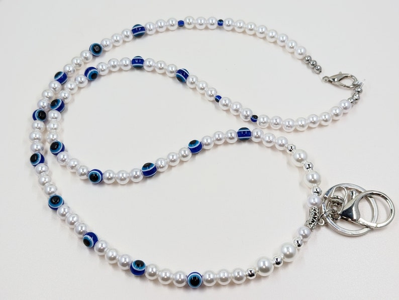 Sale Evil Eyes/White Pearls Designer Lanyard Bling Badge I.D. 36Teacher Nurse Student Protection Amulet Talisman Accessory Gift Keys Purse image 1