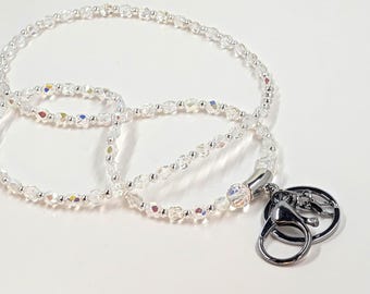 Handmade AB Czech Fire Polished Crystal Lanyard Aurora Borellis : Variations/ Badge I.D. Crystals and silver spacer beads