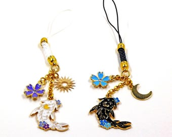 Charm para celular con pez koi: Sol, Luna, Flor, Cristal y Oro