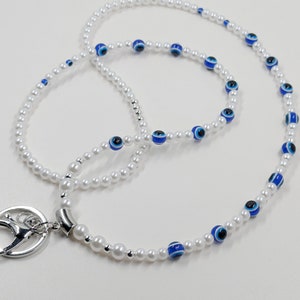 Evil Eye Lanyard: Weiße Perlen, Bling Badge, Lehrer Krankenschwester Geschenk