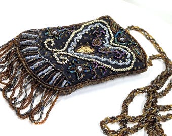 Handmade Seed Bead Crossbody Purse, Glasses Case, Silk Interior