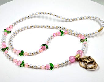 Pearl Lanyard, Pink Flower Beads, Crystal Heart Charm, Summer, Spring Mother's Day gift