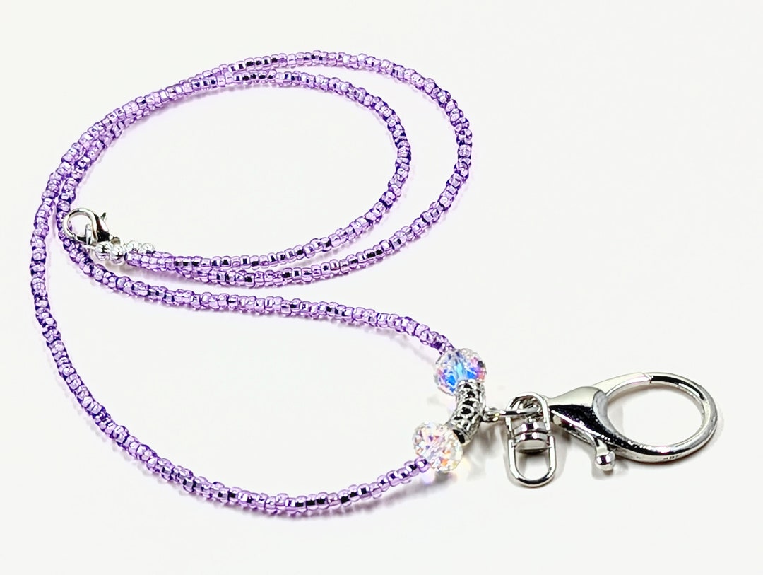 Lanyard Badge I.D. Preciosa Purple Silver Lined Seed Beads AB Crystals ...