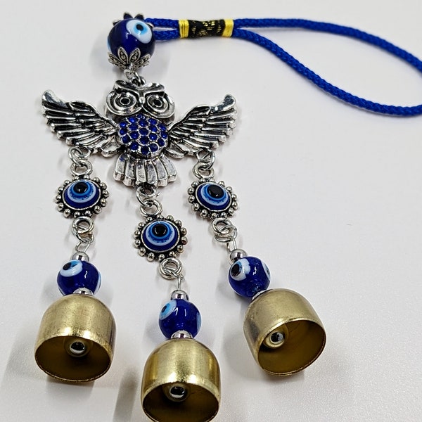 Owl Suncatcher Evil Eyes Brass Bells Protection Silver Jewelry House Accessory Window Charm Good Luck Amulet Nazar House Gift Blue Crystals