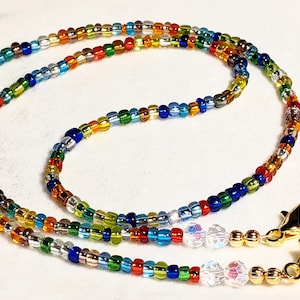 Eyeglasses Sunglasses Chain Lanyard Rainbow Glass Seed Beads w AB Crystal  6/0 size 26" Necklace Women Gift Mask Chain Jewelry 26"