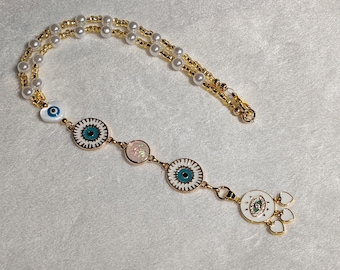 Hearts Evil Eye Rear View Mirror White Pearls Gold Preciosa Beads Talisman Amulet Protection Suncatcher Turkish Spiritual Fatima Nazar Gift