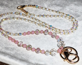 Lampworked Glass Bead Lanyard: Roses, AB Crystals, Gold Badge Holder Mother's Day Gift