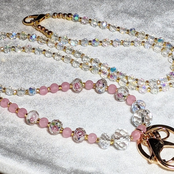 Stunning I D Badge Lanyard Sale 36" Gold Sand Glass Lampworked Beads Roses 10mm Frosted Pink Beads AB Crystals Gold Czech Beads Bling Sale