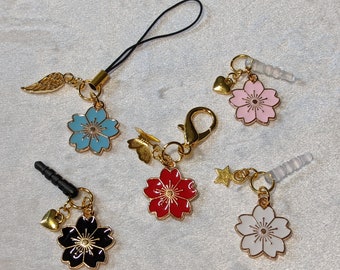 Flower Cell Phone Charm: Gold Enamel, 3.5mm Audio Jack, Zipper Pull