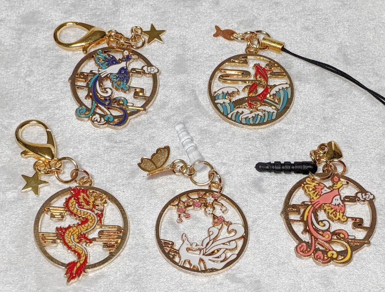 Cell Phone Charm Dust Plug Keychain Zipper Pull 3.5mm Audio Jack, Clip on or Strap Dragon Phoenix Kitsune Koi Asian Customize your choice image 1