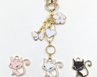 Cat Zipper Pull Charm: Gold Chain, Flower, Heart, Butterfly