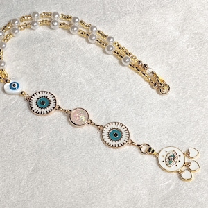 3 Hearts Evil Eye Rear View Mirror Car Charm Pearls Gold Beads Talisman Amulet Protection Suncatcher Turkish Spiritual Fatima Nazar Jewelry