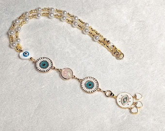 Evil Eye Car Charm, Pearl Beads, Hearts, Turkish Nazar Amulet Mother's Day Gift