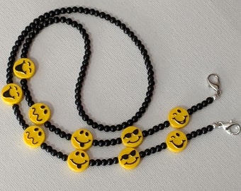 Face Mask Chain Holder Emoji Adult 26"Teen Student Unisex Necklace Chain Black Yellow Lanyard Nurse Teacher Happy Face Mask Chain Unisex