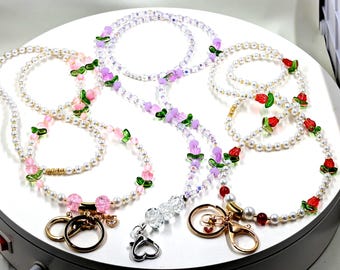 Beaded Lanyard, AB Crystals, Pearls Flowers, 36" Spring Summer Gift- 3 to choose from Mother's Day gift