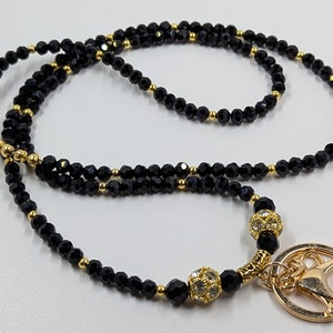 Black Crystal Lanyard: Bling ID Badge Holder with Gold Disco Balls