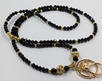 Black Crystal Lanyard: Bling ID Badge Holder with Gold Disco Balls