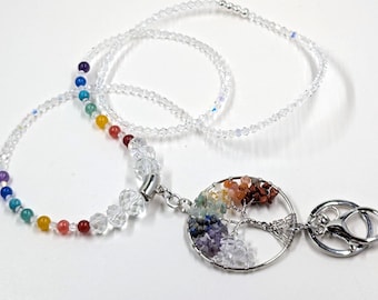 Lanyard Tree of Life Chakra: Natural Stone Beads & AB Crystals Gift Length Variations