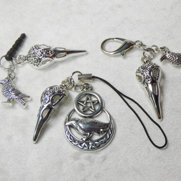 Cell Phone Charm Dust Plug Keychain Zipper Pull 3.5mm Audio Jack, Clip on or Strap Halloween Crow Skull Witch Wiccan Silver Gift Party Favor