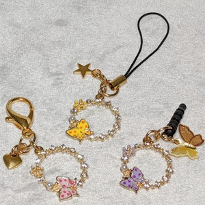 Butterfly Charm: Crystal Ring, Gold Accent - Phone Charm, Keychain, Zipper Pull