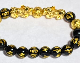 Pi Xiu Dragon Bracelet: 14Kt Plated Feng Shui Obsidian Bead