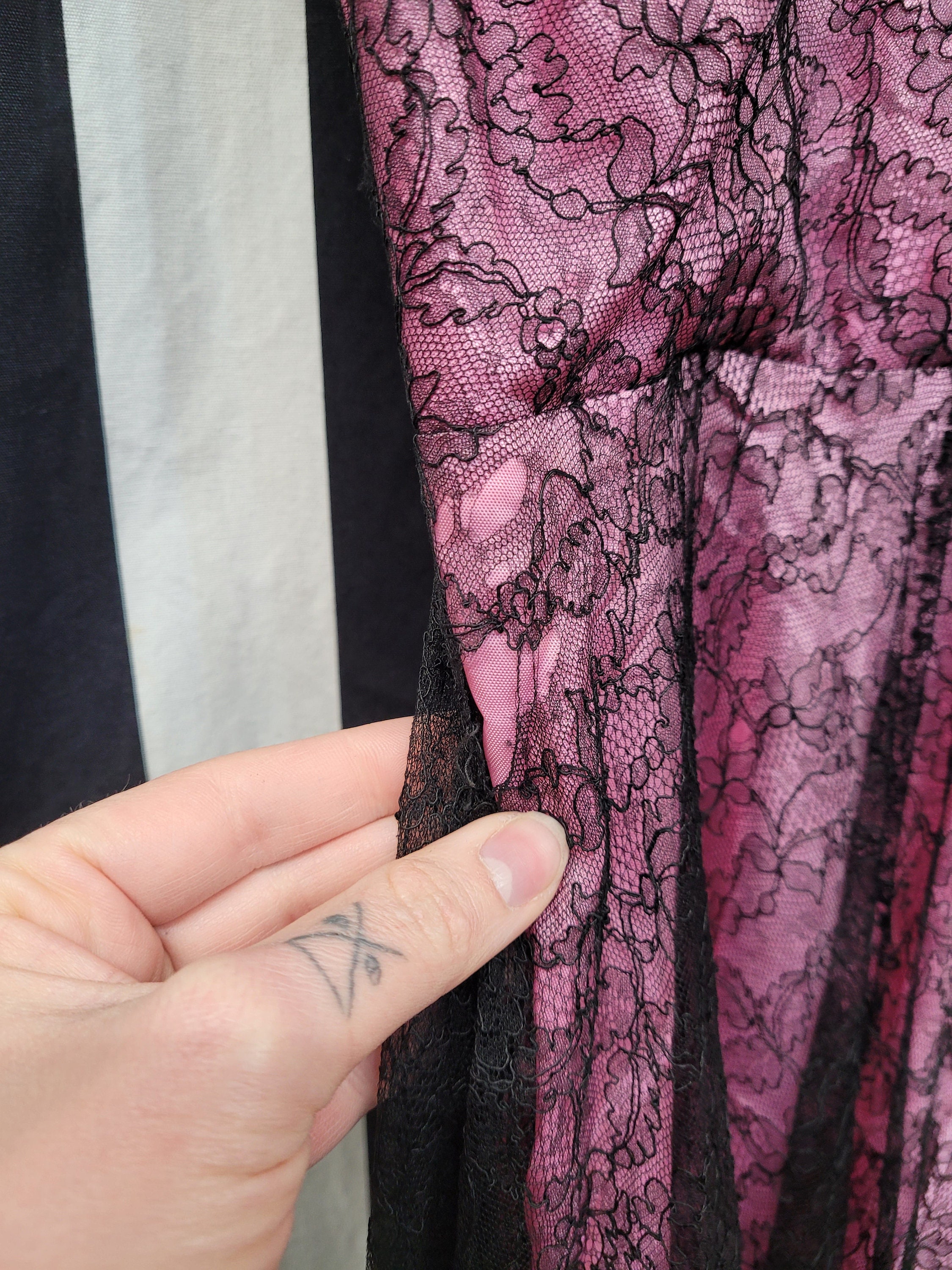 Vintage 1950's Medium Black Lace Overlay & Pink Satin A Line Prom Dress with Wide Straps